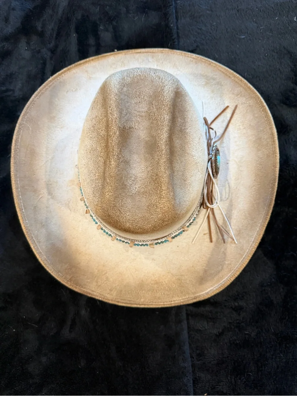 Tan Leather Western Hatband with Turquoise Concho and Fringe